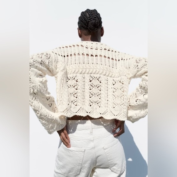 Zara crochet knit crop flare long sleeve top medium crochet - Picture 7 of 8